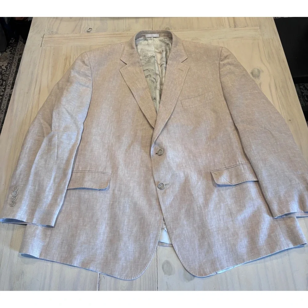 Tallia Mens 52R 100% Linen Blazer Sport Coat Tan Beige 2 Button Side Vent EUC